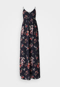Florales Maxikleid mit Spaghettiträgern, das einen marineblauen Grundton und Muster aus rosa, roten und grünen Blumen aufweist; lockere Passform und leichtes Material.