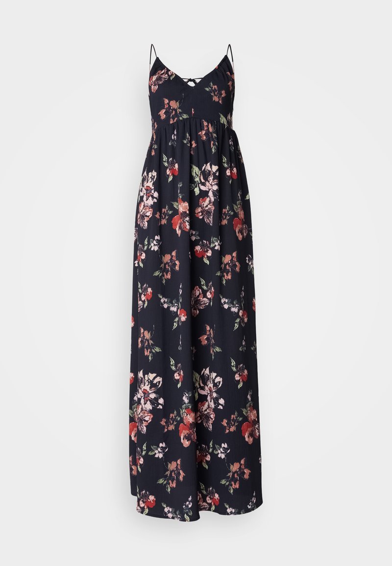 Florales Maxikleid mit Spaghettiträgern, das einen marineblauen Grundton und Muster aus rosa, roten und grünen Blumen aufweist; lockere Passform und leichtes Material.