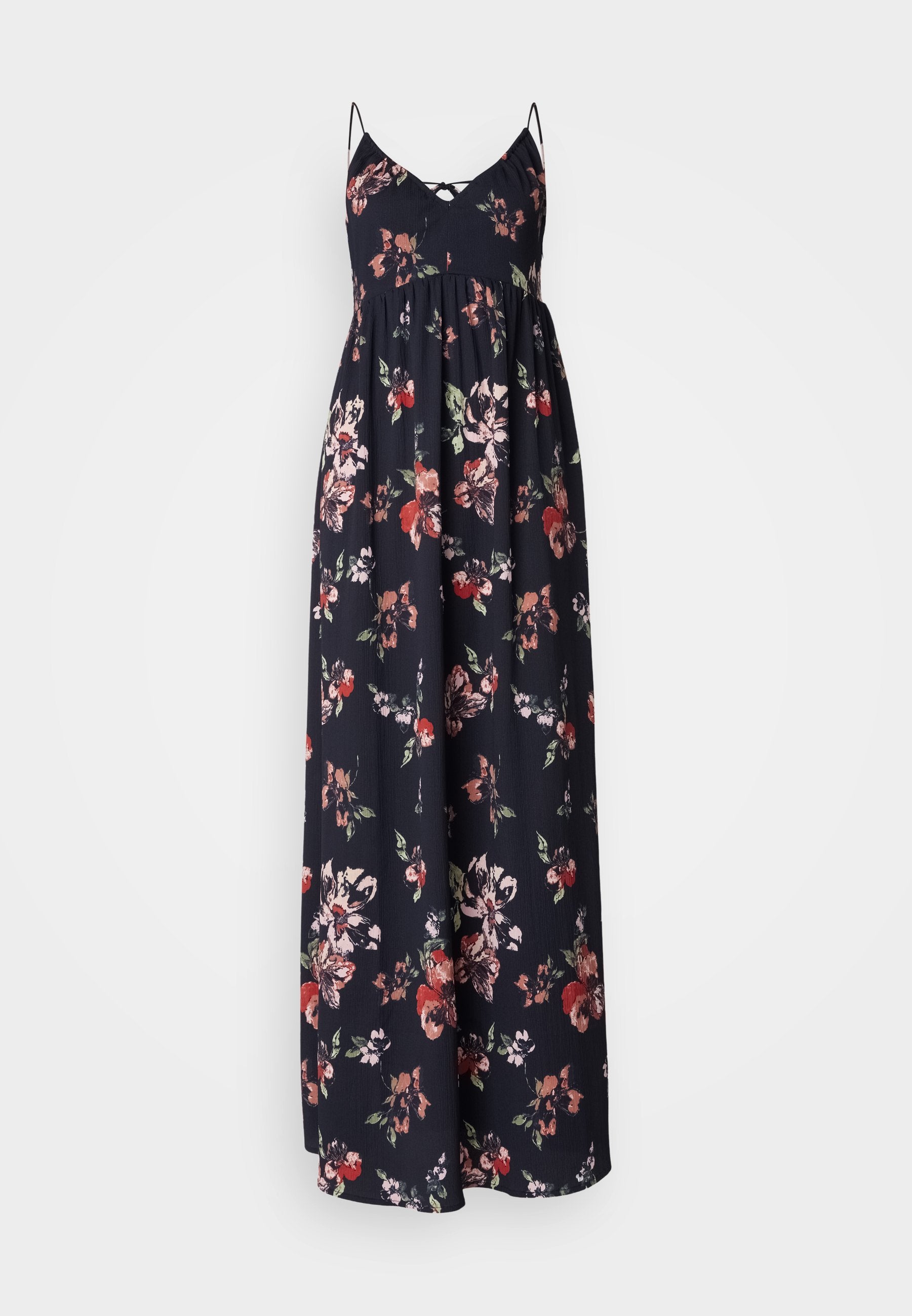 Florales Maxikleid mit Spaghettiträgern, das einen marineblauen Grundton und Muster aus rosa, roten und grünen Blumen aufweist; lockere Passform und leichtes Material.