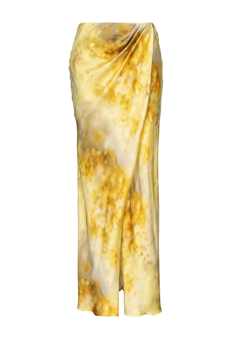 Maxi-Rock in Gelb- und Brauntönen mit gemustertem Design, gefertigt aus glattem, leichtem Stoff. Verfügt über eine fließende Silhouette und eine weiche Textur.
