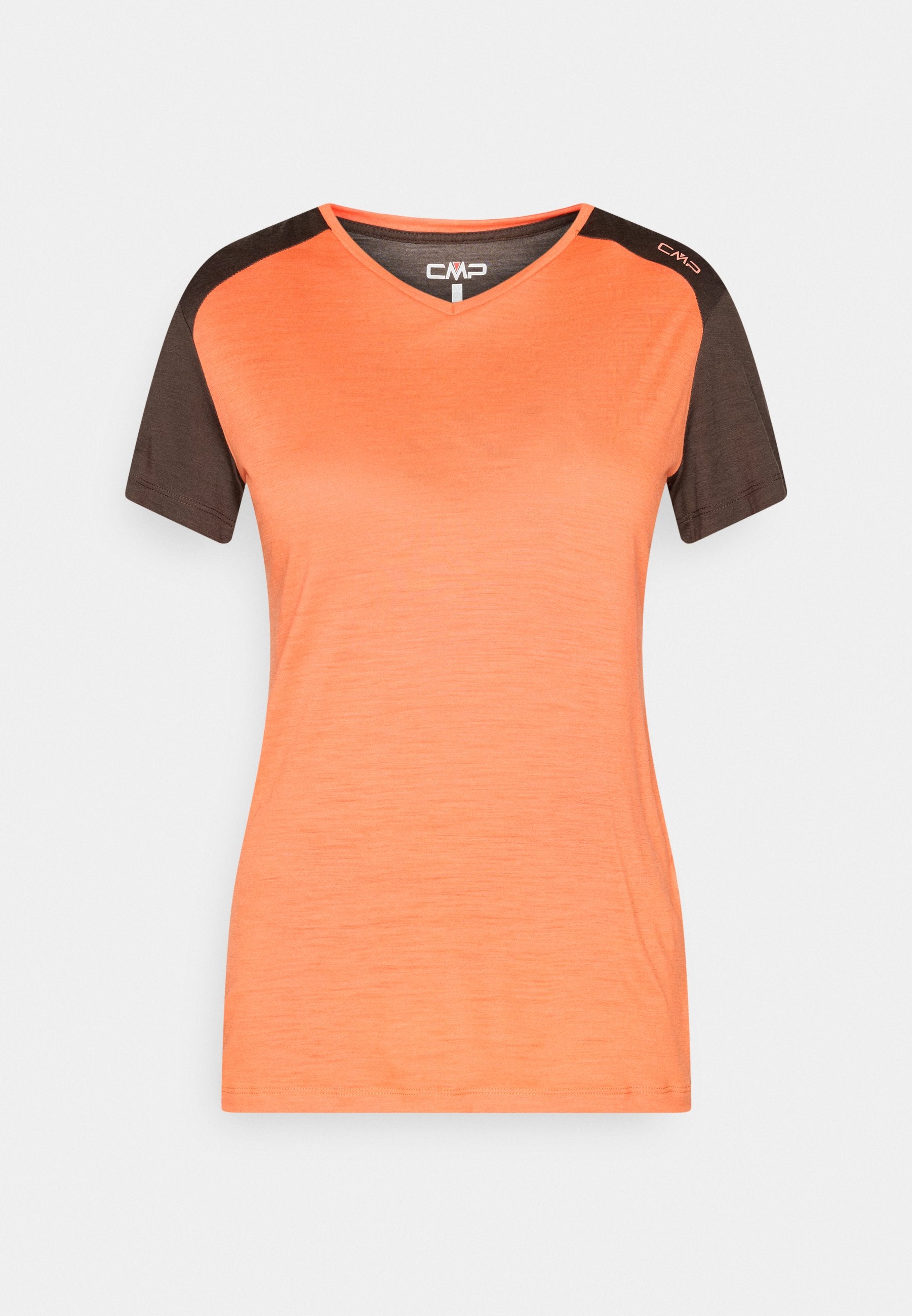 Kurzärmeliges Sportshirt mit orangefarbenem Körper und dunkelbraunen Schultern und Ärmeln, V-Ausschnitt und CMP-Logo an Kragen und Schulter.