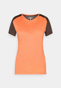 Kurzärmeliges Sportshirt mit orangefarbenem Körper und dunkelbraunen Schultern und Ärmeln, V-Ausschnitt und CMP-Logo an Kragen und Schulter.