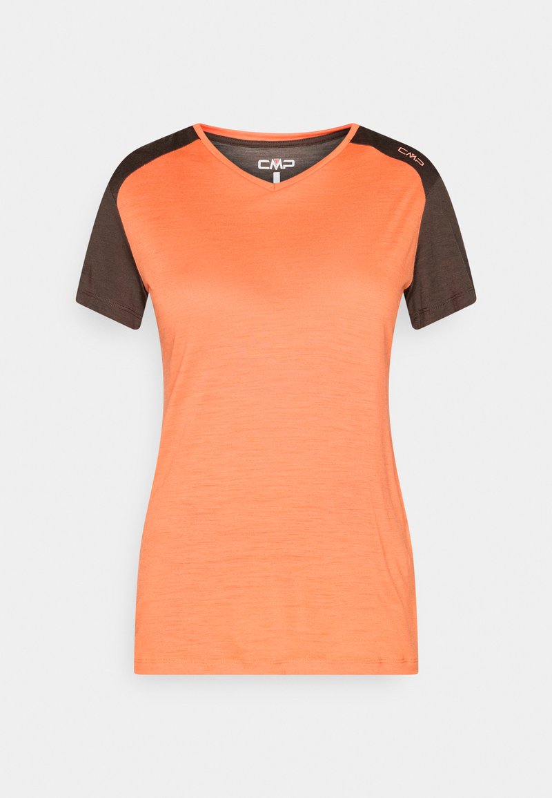Kurzärmeliges Sportshirt mit orangefarbenem Körper und dunkelbraunen Schultern und Ärmeln, V-Ausschnitt und CMP-Logo an Kragen und Schulter.