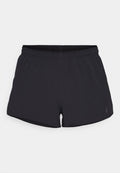 Schwarze Sportshorts aus strukturiertem Material mit einem elastischen Bund, versehen mit einem dezenten Logo an der unteren Vorderseite.