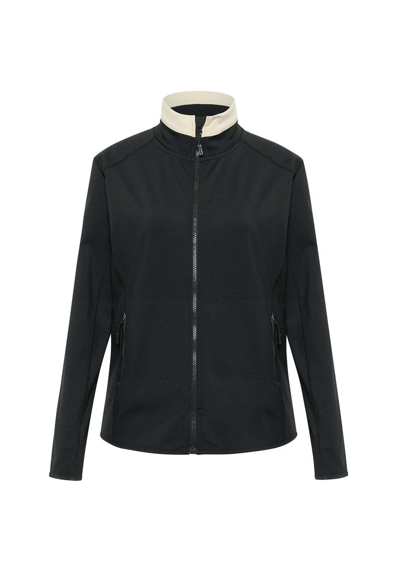 Schwarze Jacke mit einem krämfarbenen Kragen, vollständigem Reißverschluss vorne und seitlichen Taschen. Hat eine glatte Textur und ein strukturiertes Design mit Nahtverarbeitung.