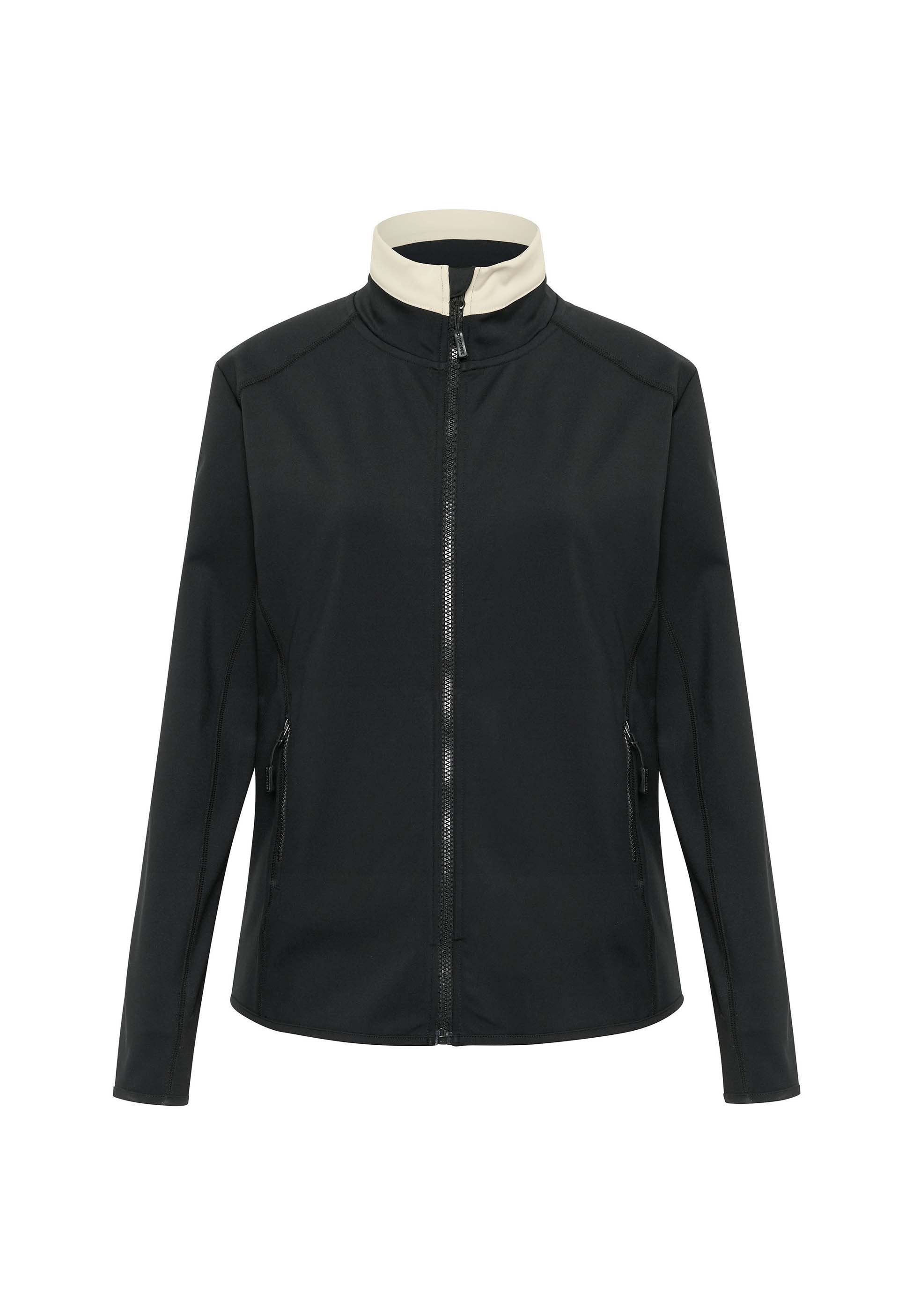 Schwarze Jacke mit einem krämfarbenen Kragen, vollständigem Reißverschluss vorne und seitlichen Taschen. Hat eine glatte Textur und ein strukturiertes Design mit Nahtverarbeitung.