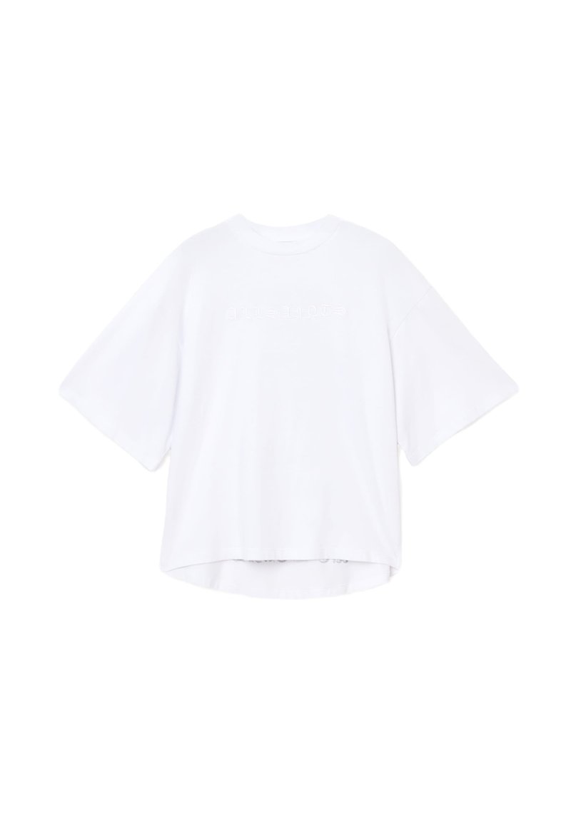 Weißes, übergroßes T-Shirt aus weichem Baumwollmaterial, mit Rundhalsausschnitt, kurzen Ärmeln und leicht geschwunghem Saum.