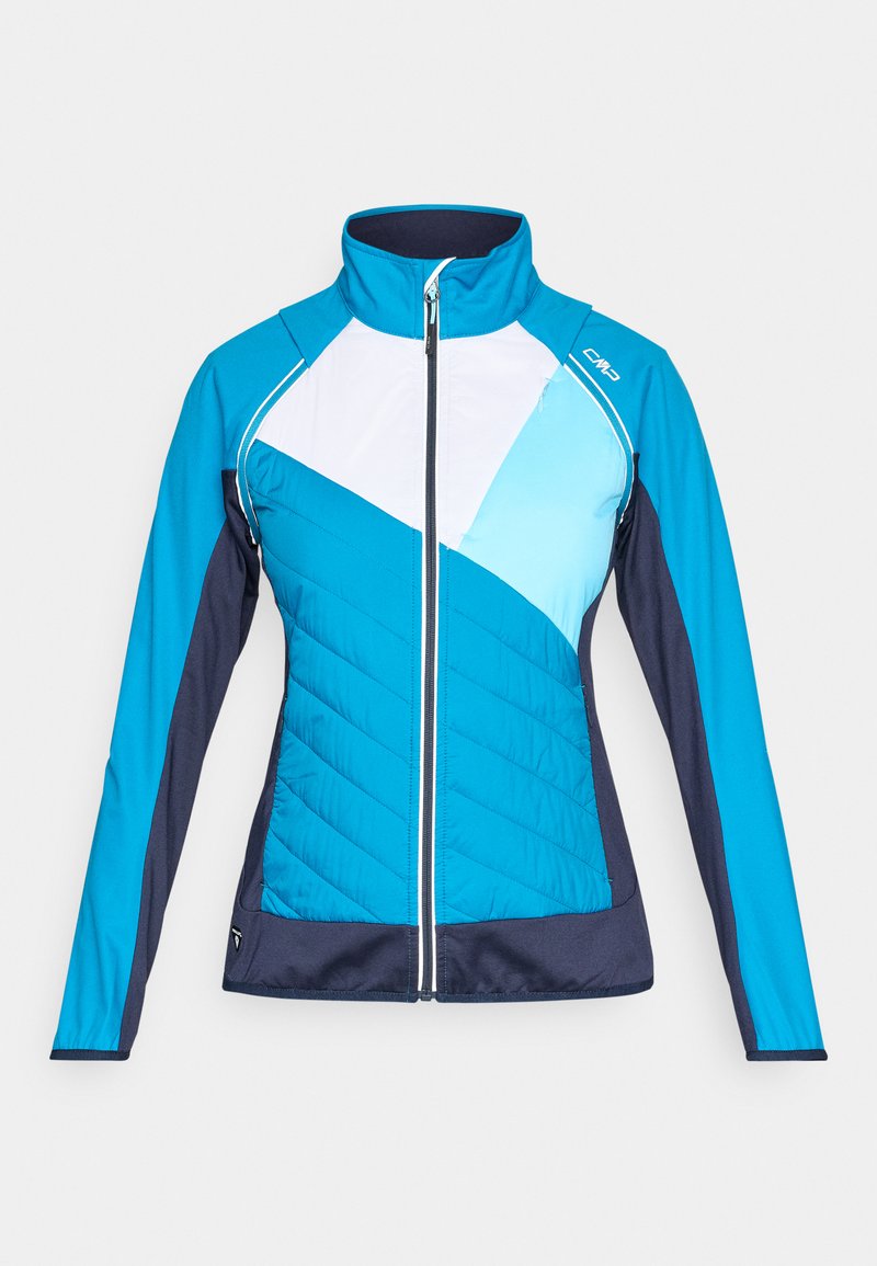Leichte Jacke in Blau, Weiß und Marineblau mit durchgehendem Frontreißverschluss, hohem Kragen und geometrischem Colorblock-Design am Rumpf und den Ärmeln.