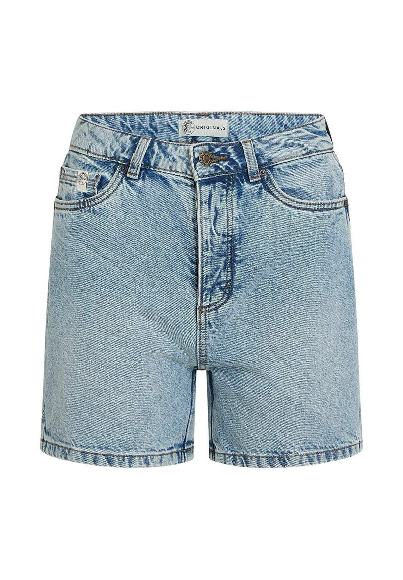 Blaue Denim-Shorts mit hoher Taille, Fünf-Taschen-Design und Metallknopfverschluss. Hell gewaschen mit leicht distressed Optik.