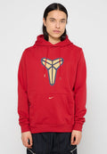 Roter Hoodie mit großem goldenen und marineblauen Grafiklogo. Kängurutasche, Kapuze mit Kordelzug und goldener Nike-Branding auf der Vorderseite.