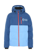 Blaue und hellblaue Steppjacke mit roten Reißverschlüssen, einer Kapuze und Reißverschlusstaschen. Auf der Brust befindet sich ein Logo, und das Material hat eine gesteppte Textur.