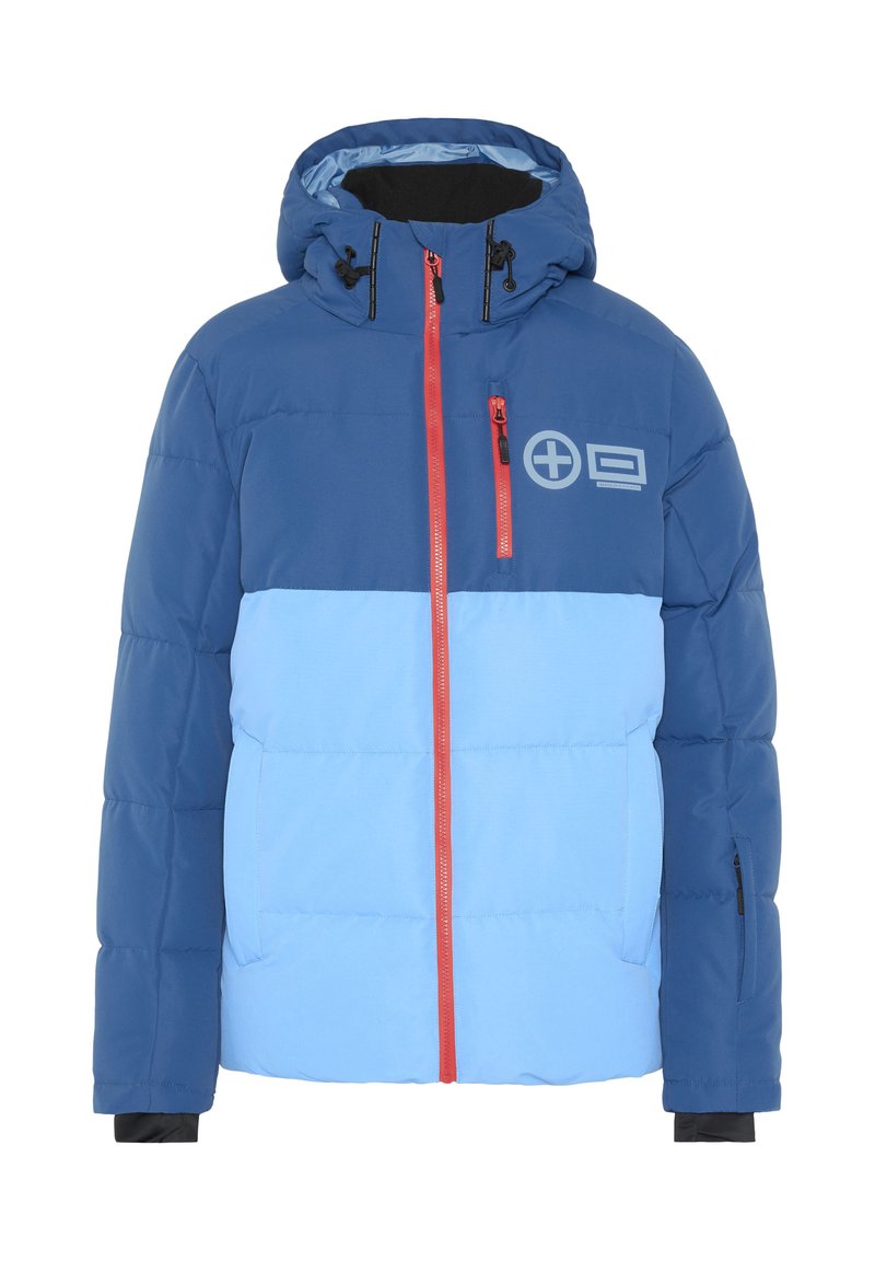 Blaue und hellblaue Steppjacke mit roten Reißverschlüssen, einer Kapuze und Reißverschlusstaschen. Auf der Brust befindet sich ein Logo, und das Material hat eine gesteppte Textur.