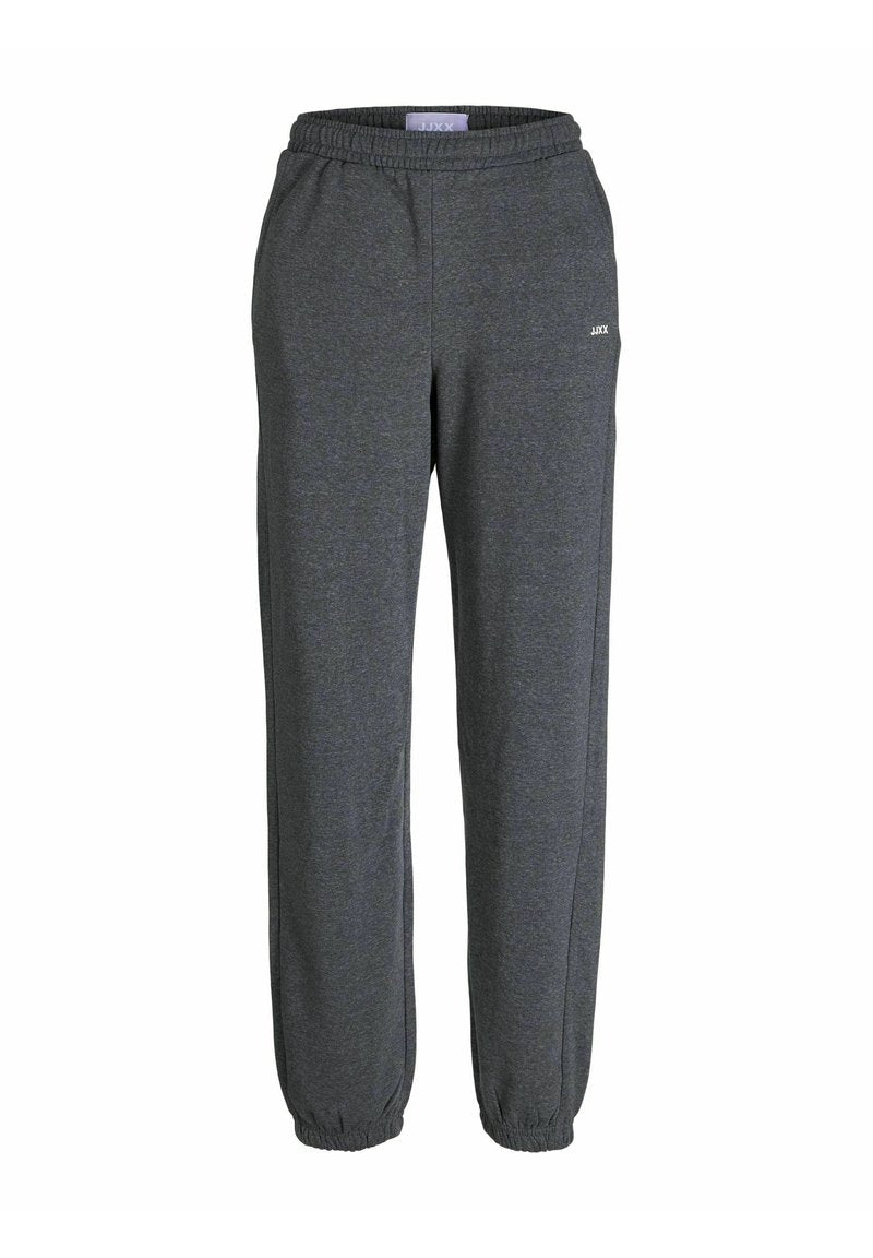Graue Sweatpants mit elastischem Bund und Bündchen an den Knöcheln. Hergestellt aus einem weichen, strukturierten Stoff. Kleines weißes Logo-Detail auf der linken Seite.