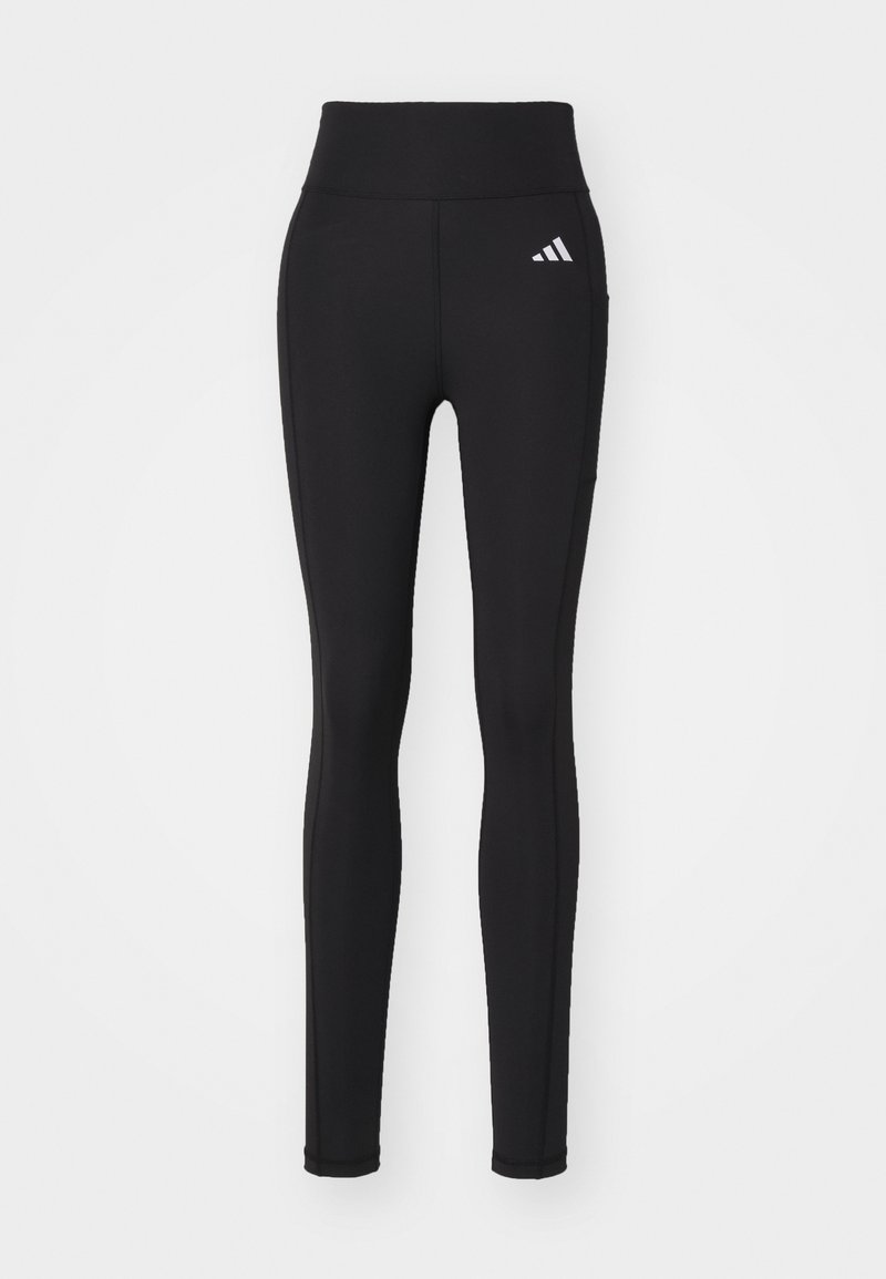 Schwarze Sportleggings mit hohem Taillenbund, aus dehnbarem Stoff. Mit einem weißen Logo an der Hüfte und einfarbigem Design.