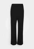Schwarze, weit geschnittene Hose aus einem weichen, elastischen Stoff mit einem elastischen Bund. Keine Muster oder Hardwaredetails vorhanden.
