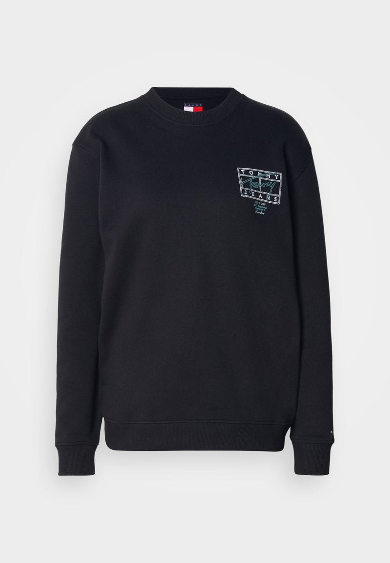 Schwarzer Sweatshirt aus Baumwolle mit Rundhalsausschnitt und gerippten Bündchen. Es verfügt über einen Logopatch auf der linken Brust in kontrastierenden Farben.