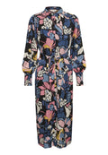 Blumenmuster-Kleid mit langen Ärmeln, kragenlosen Hals, tailliertem Bund und lebhaften Farben wie Pink, Blau und schwarzem Stoff.