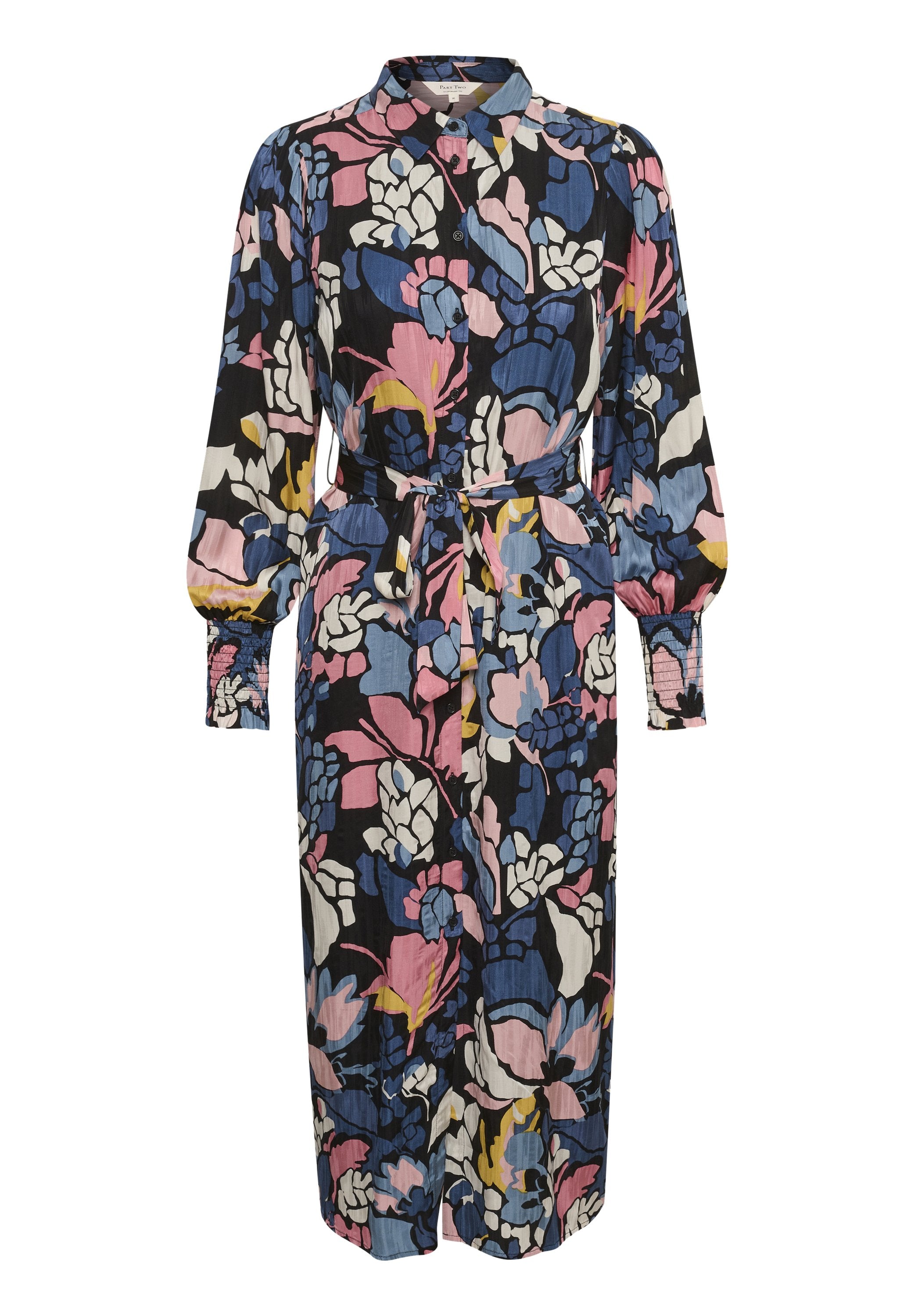 Blumenmuster-Kleid mit langen Ärmeln, kragenlosen Hals, tailliertem Bund und lebhaften Farben wie Pink, Blau und schwarzem Stoff.