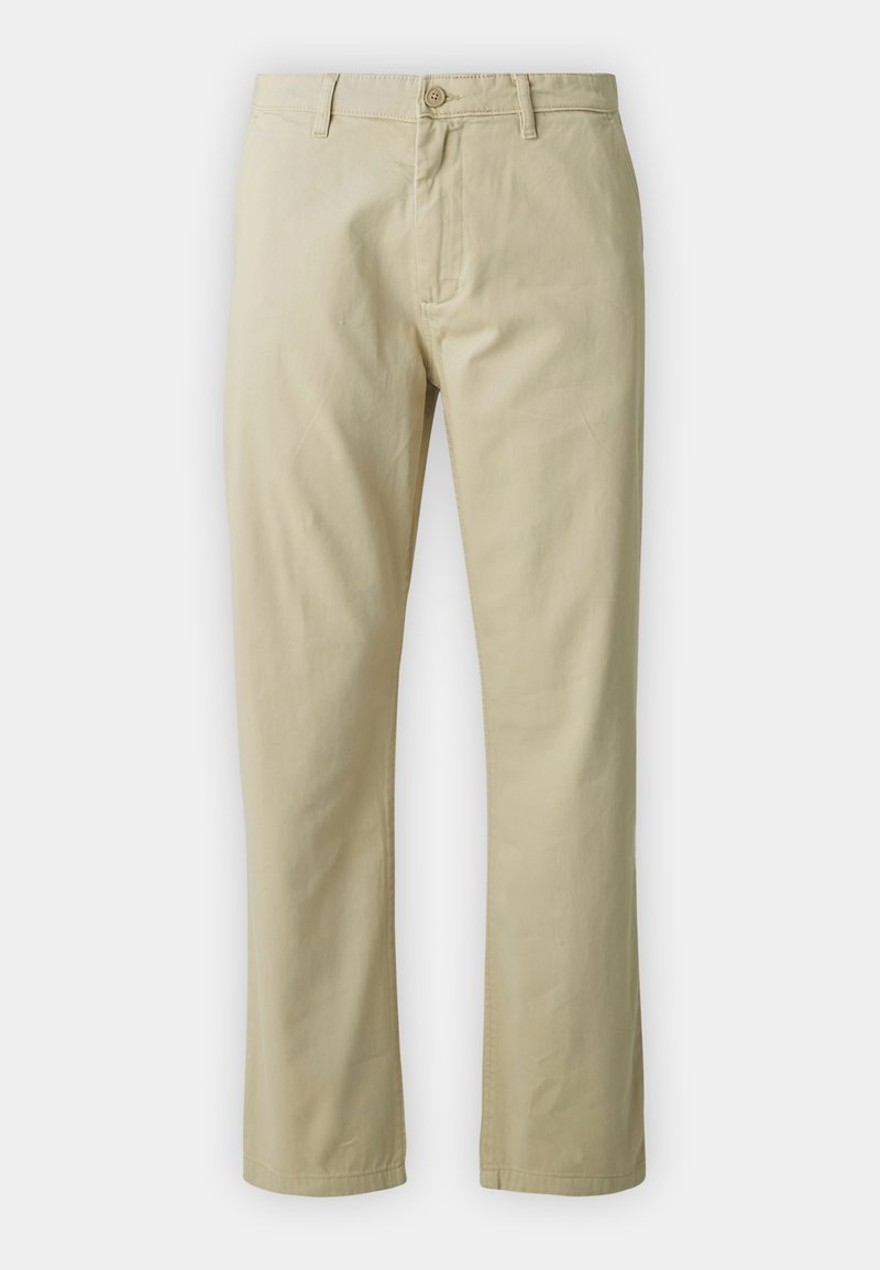 Beige Baumwollhose mit geradem Bein, mit vorderem Knopfverschluss und Gürtelschlaufen. Glatte Textur, keine sichtbaren Muster oder Akzente.