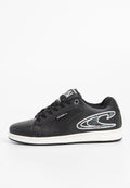 Schwarzer O'Neill Low-Top Sneaker mit weißer Sohle, Schnürung an der Vorderseite und Wellenlogo-Grafik an der Seite.