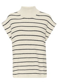 Strick-Turtleneck-Pullover in Creme mit horizontalen schwarzen Streifen. Kurze, weite Ärmel und ein strukturiertes Gewebe. Klassisches, minimalistisches Design.