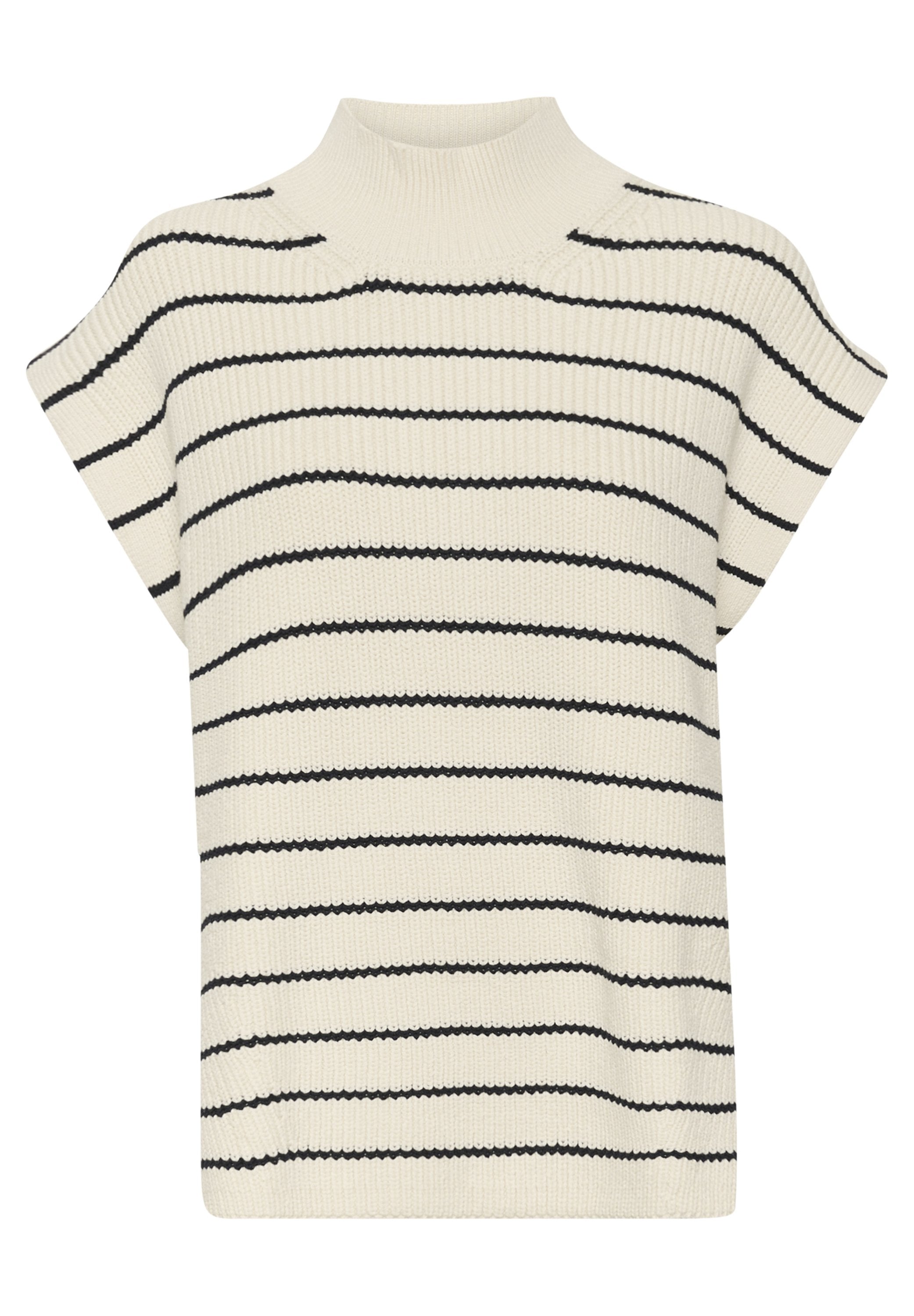 Strick-Turtleneck-Pullover in Creme mit horizontalen schwarzen Streifen. Kurze, weite Ärmel und ein strukturiertes Gewebe. Klassisches, minimalistisches Design.