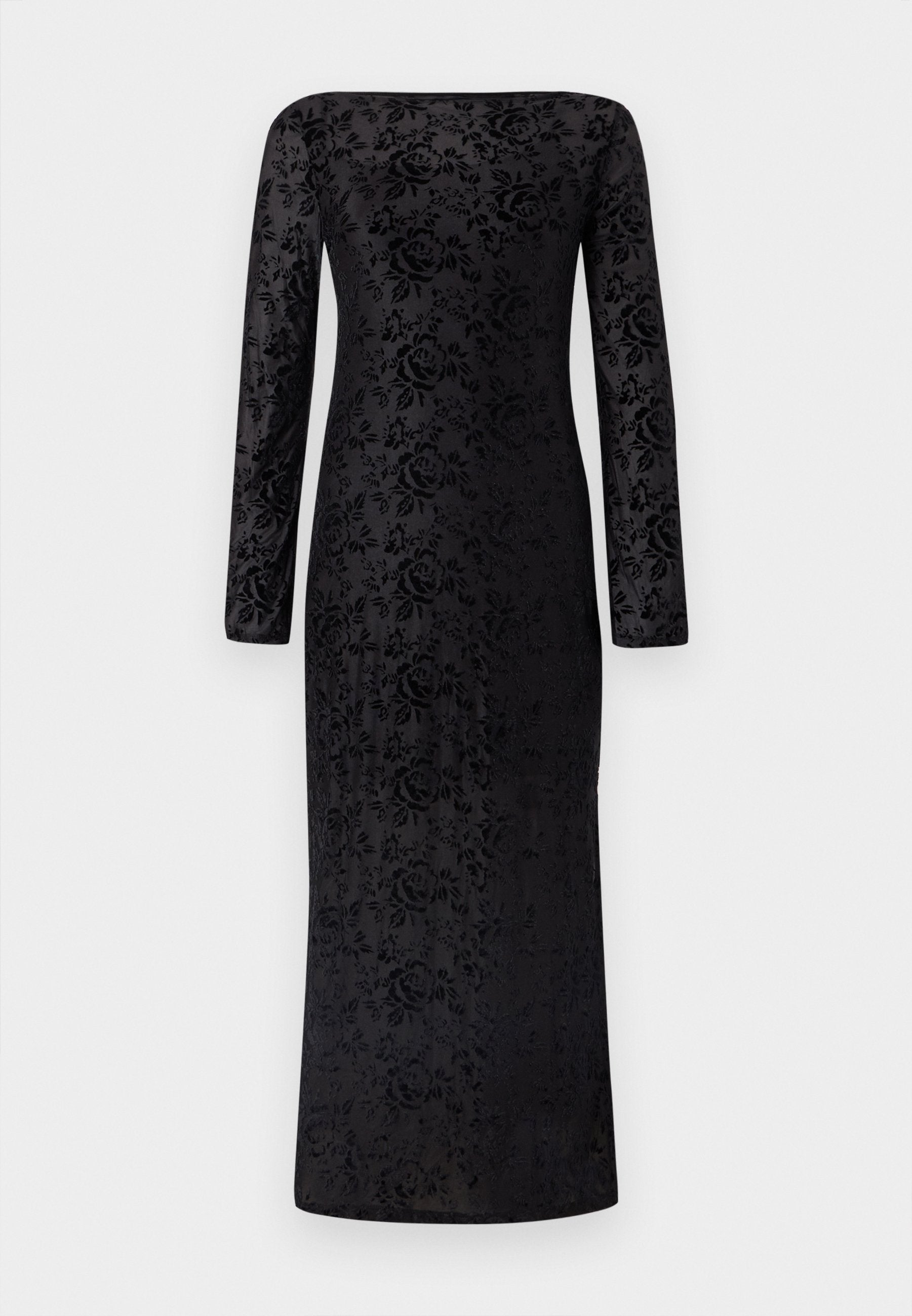 Schwarzes Langarmkleid mit Blumenmuster, geradem Ausschnitt und figurbetontem Design aus strukturiertem Stoff. Bodenlanger Schnitt.