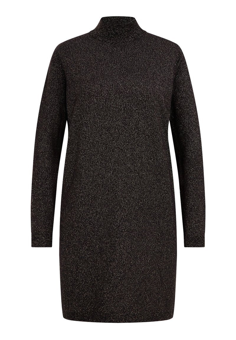Schwarzes Kleid mit hohem Ausschnitt und langen Ärmeln. Aus einem strukturierten Stoff mit subtilen metallischen Akzenten gefertigt. Schlichte, gerade Schnittform.