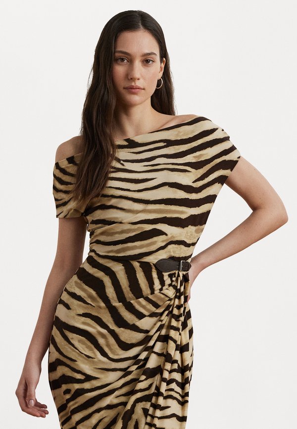Lauren Ralph Lauren Print Buckle Trim Off the Shoulder Dress
