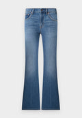 Blaue Jeans aus Denim mit hoher Taille, Fronttaschen, Knopf- und Reißverschluss sowie ausgestellten Beinen.