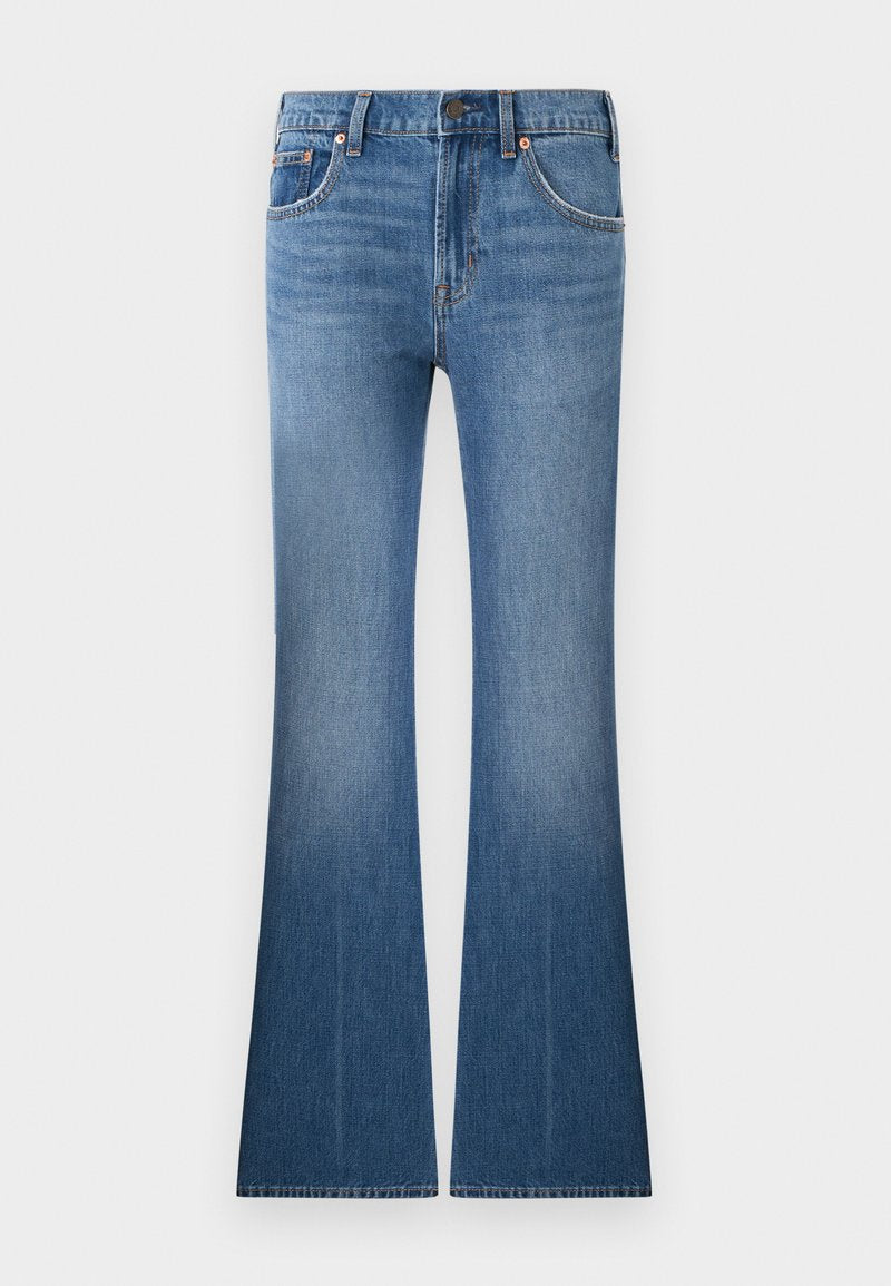 Blaue Jeans aus Denim mit hoher Taille, Fronttaschen, Knopf- und Reißverschluss sowie ausgestellten Beinen.