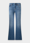 Blaue Jeans aus Denim mit hoher Taille, Fronttaschen, Knopf- und Reißverschluss sowie ausgestellten Beinen.