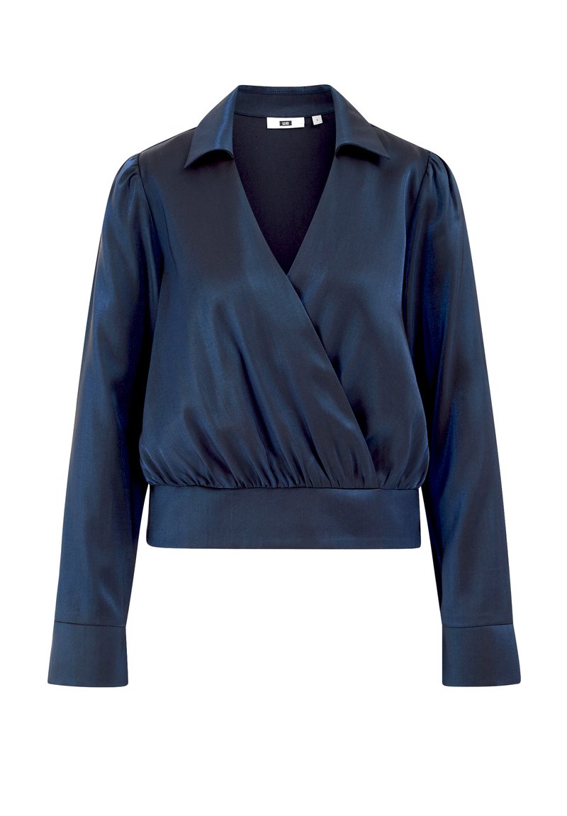 Marineblaue Wickelbluse aus glänzendem Stoff, mit Kragen, langen Ärmeln und einem gerafften Taillenbund für eine figurbetonte Silhouette.