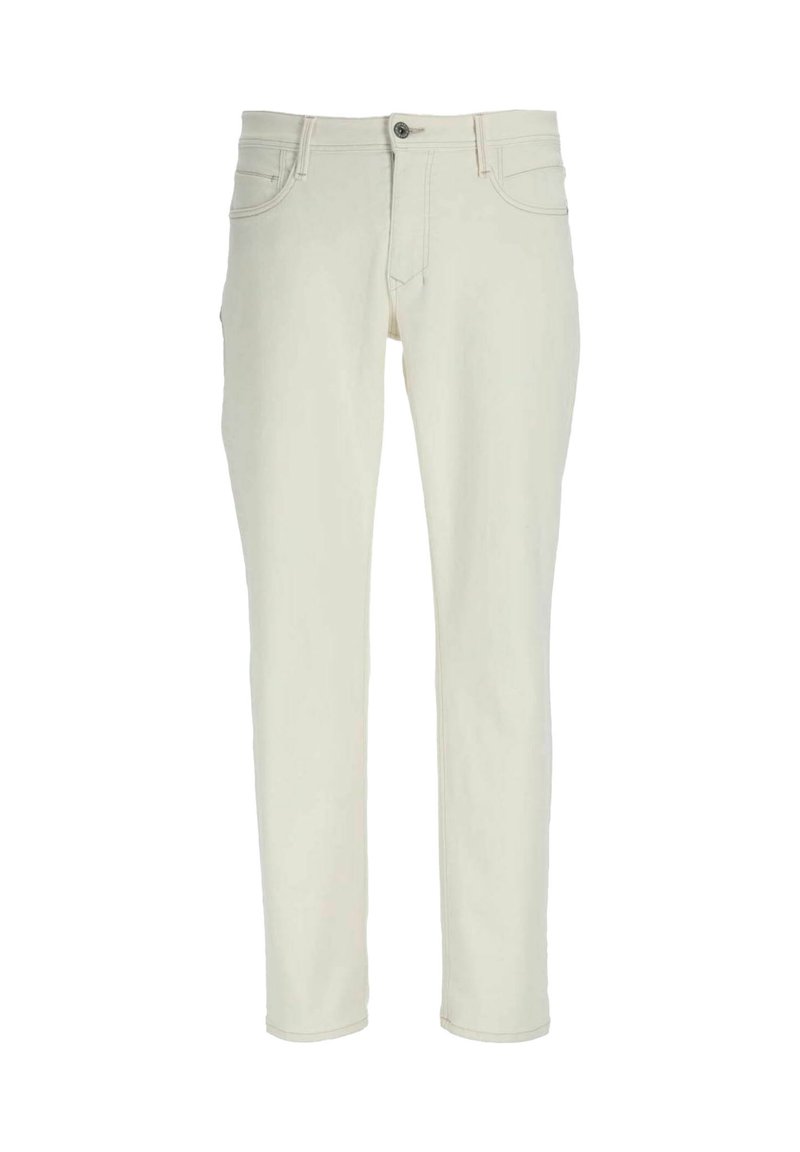 Helle beige Jeans aus Denim mit schmalem Schnitt, fünf Taschen und Knopfverschluss. Glatte Textur mit dezenten Nähten.