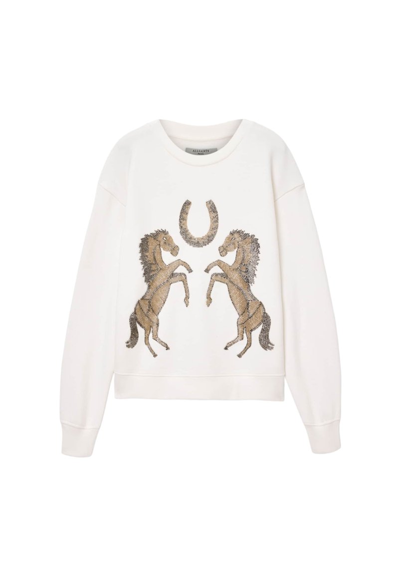 Weißes Sweatshirt mit einem gestickten Design von zwei aufbäumenden Pferden und einem Hufeisen in goldenen und braunen Tönen. Langärmlig, Rundhalsausschnitt.