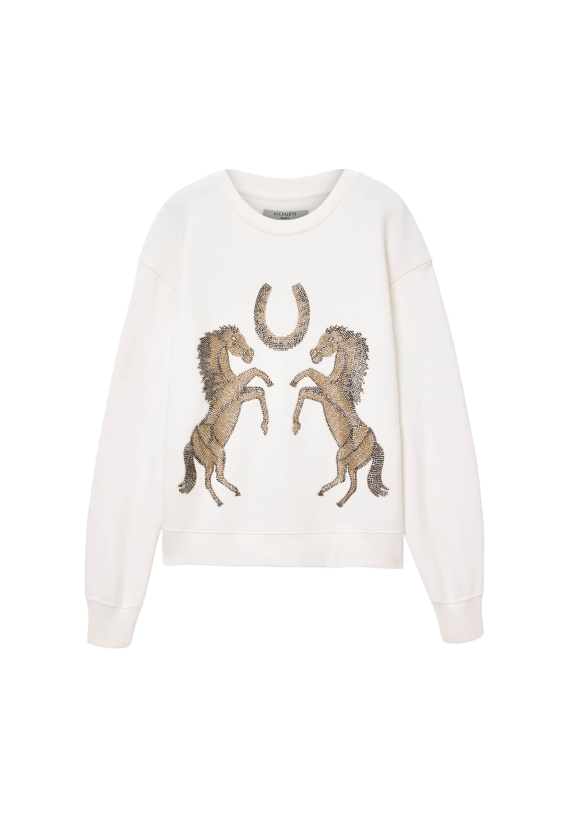 Weißes Sweatshirt mit einem gestickten Design von zwei aufbäumenden Pferden und einem Hufeisen in goldenen und braunen Tönen. Langärmlig, Rundhalsausschnitt.