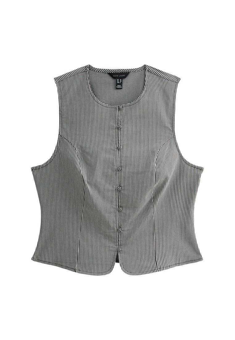 Schwarz-weißes Gingham-ärmeloses Top mit Rundhalsausschnitt und Knopfverschluss vorne, mit taillierter Passform und glatter Textur.