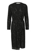 Schwarzes, langärmliges Wickelkleid mit Pailletten. Verfügt über einen tiefen V-Ausschnitt, eine taillierte Bindung und eine gerade Silhouette mit einem knöchellangen Saum.