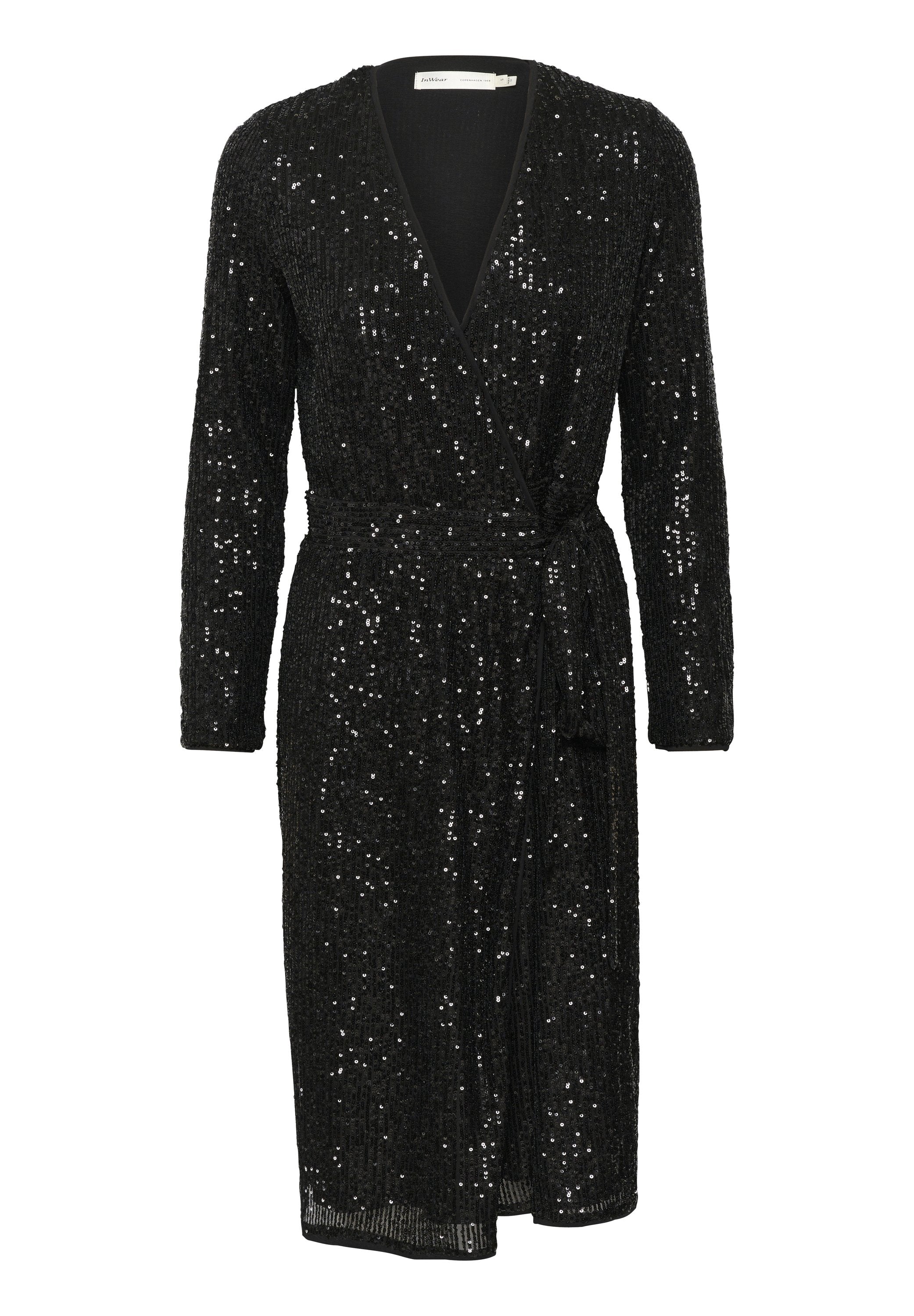 Schwarzes, langärmliges Wickelkleid mit Pailletten. Verfügt über einen tiefen V-Ausschnitt, eine taillierte Bindung und eine gerade Silhouette mit einem knöchellangen Saum.