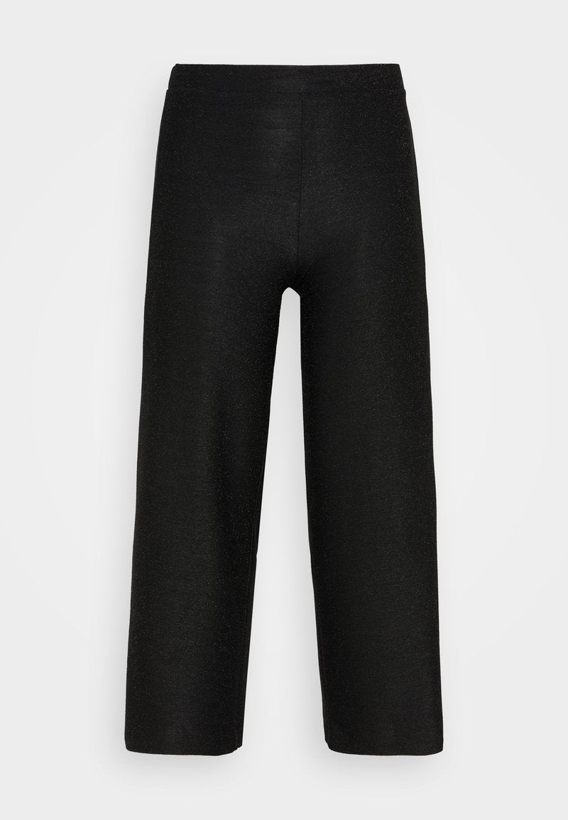 Schwarze, weite Hosen aus strukturiertem Stoff. Sie haben einen hohen Bund und ein klares, minimalistisches Design ohne Verzierungen.