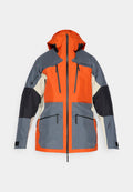 Kapuzenshirt mit orangen, grauen und schwarzen Paneelen. Wasserdichtes Material mit zwei Reißverschlusstaschen und schwarzen Akzenten an den Ärmeln.