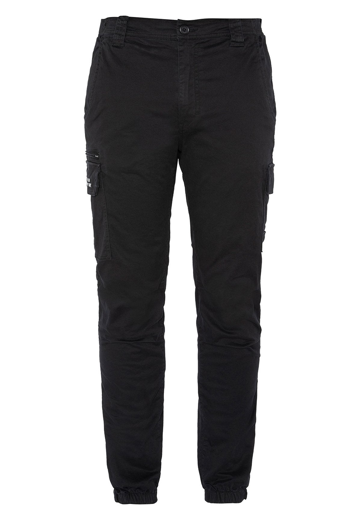 Schwarze Cargo-Hosen mit elastischen Bündchen, Gürtelschlaufen, Reißverschluss, Seitentaschen und einer Reißverschlusstasche am rechten Oberschenkel.