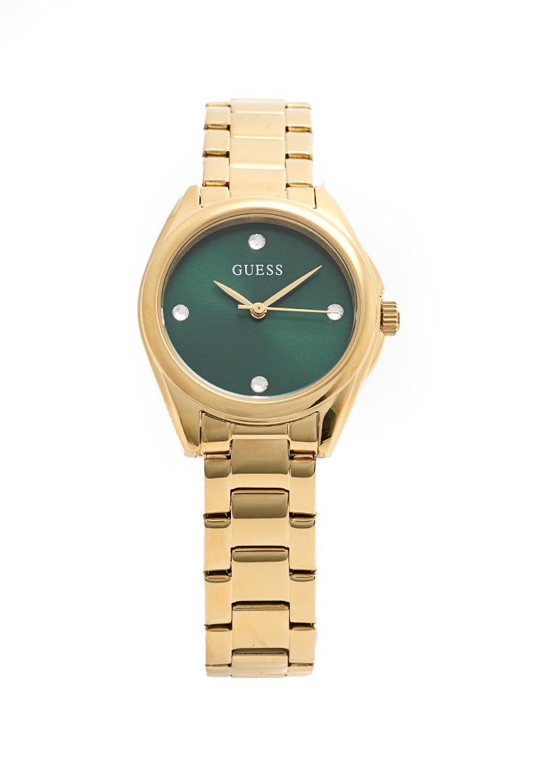 Goldfarbene Edelstahl-Uhr mit grünem Zifferblatt, ausgestattet mit sieben Kristallmarkierungen, Logo bei 12 Uhr und einem zweifarbigen Metallarmband.