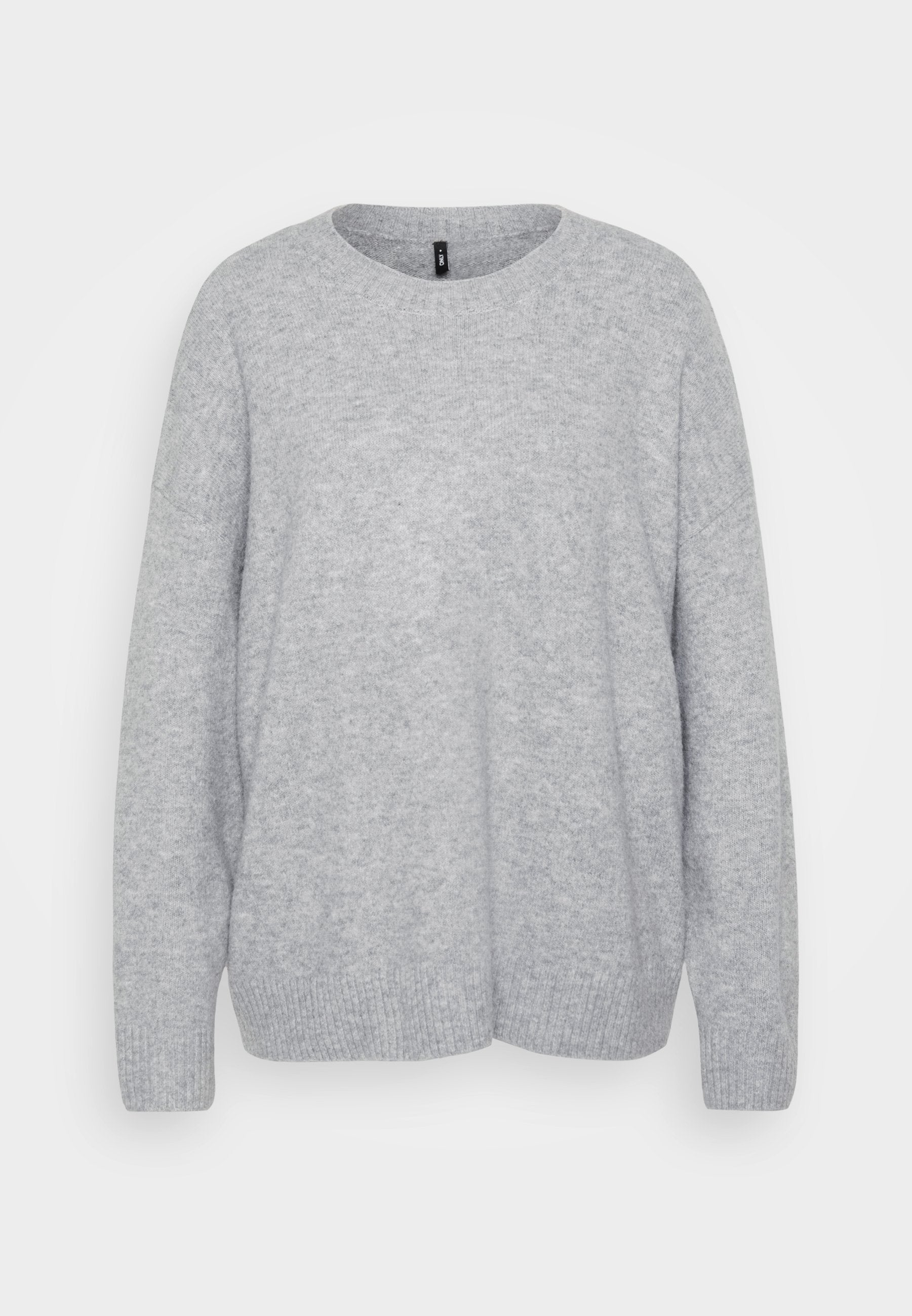 Helles graues Sweatshirt aus weichem Garn, mit Rundhalsausschnitt, langen Ärmeln und geripptem Saum. Einfaches, strukturiertes Strickmuster im gesamten Kleidungsstück.
