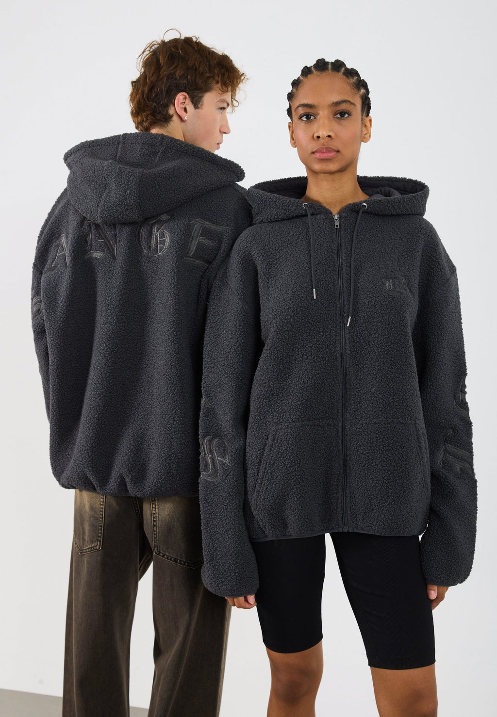 YOURTURN UNISEX TEDDY RELAXED FIT EMBROIDERED HOODIE