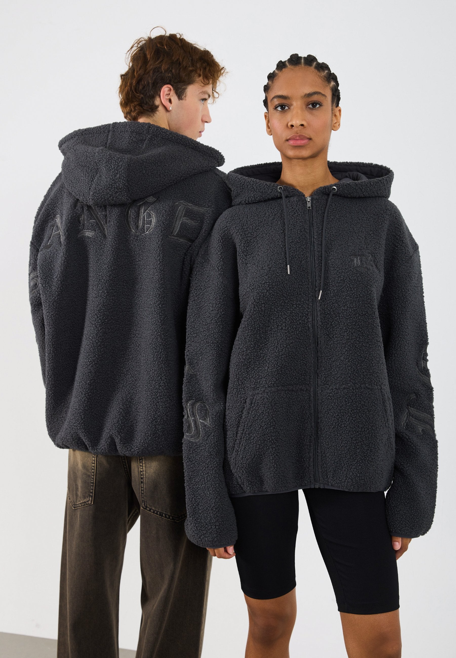 YOURTURN UNISEX TEDDY RELAXED FIT EMBROIDERED HOODIE