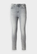 Grau denim Skinny Jeans mit einer glatten Textur, Fünf-Taschen-Design und einem Knopf- und Reißverschluss am Bund. Ganzflächig verblasst.