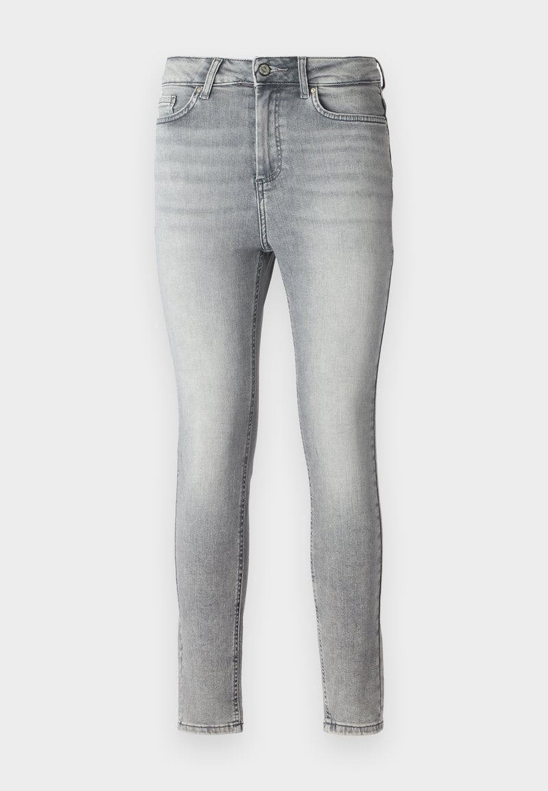 Grau denim Skinny Jeans mit einer glatten Textur, Fünf-Taschen-Design und einem Knopf- und Reißverschluss am Bund. Ganzflächig verblasst.