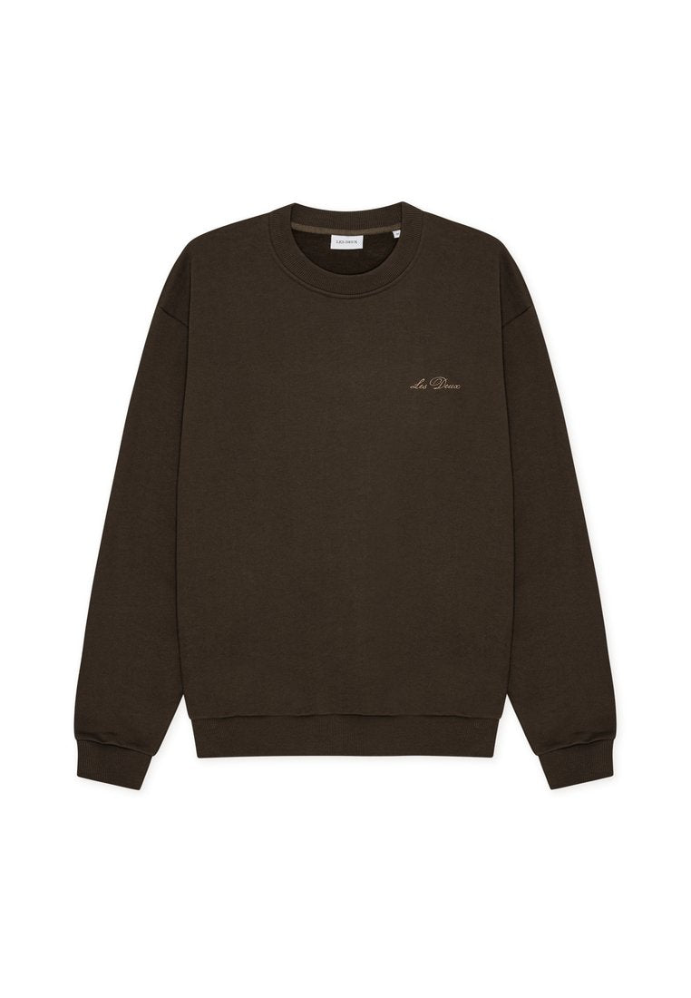 Braunes Sweatshirt mit Rundhalsausschnitt, langen Ärmeln und gerippten Bündchen. Verfügt über ein dezentes, auf der Brust gesticktes Logo. Weiche Stoffstruktur.