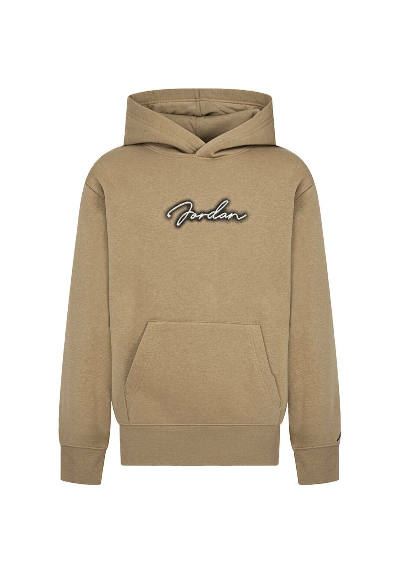 Beige Hoodie mit einer Fronttasche, verstellbarem Kapuzenzug und gesticktem "Jordan"-Logo in Schwarz und Weiß auf der Brust. Aus weichem Baumwollmaterial.